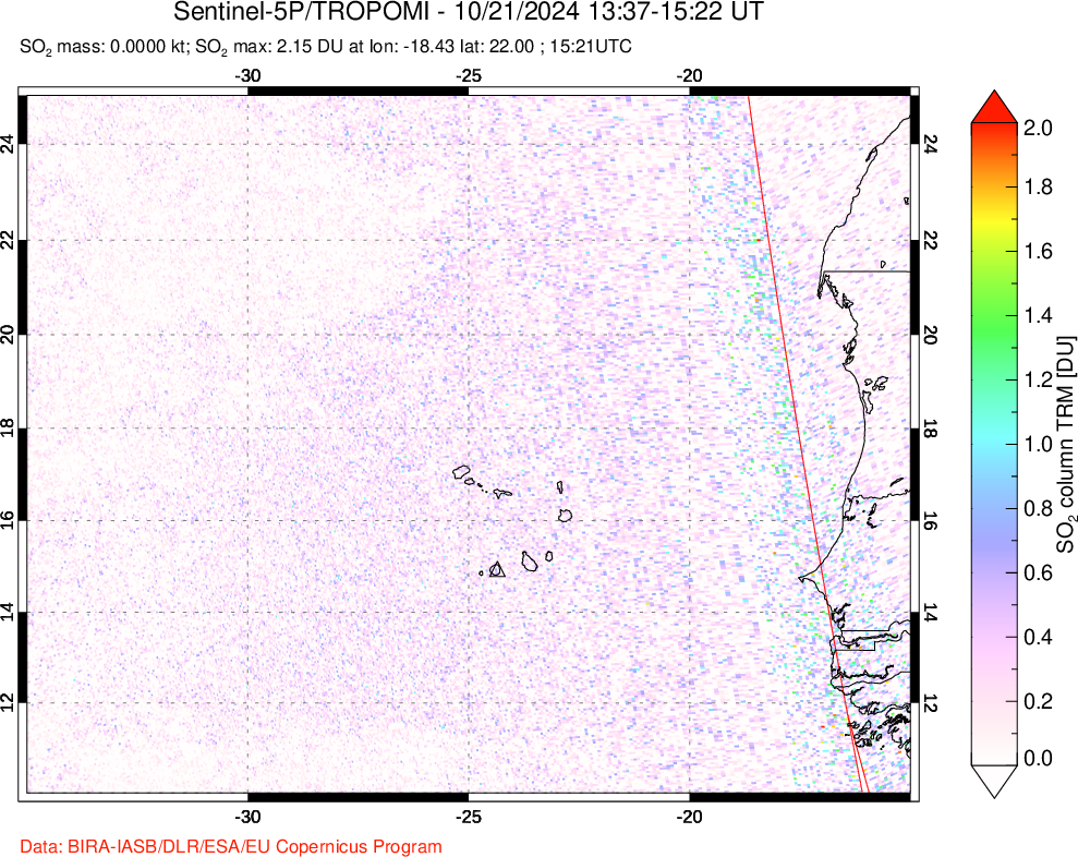 A sulfur dioxide image over Cape Verde Islands on Oct 21, 2024.