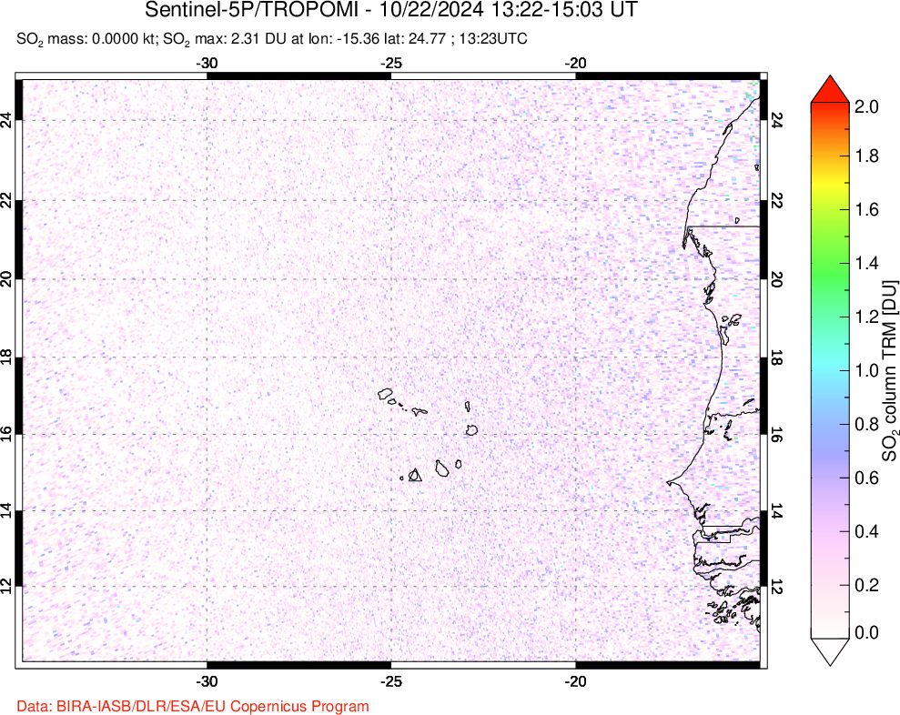 A sulfur dioxide image over Cape Verde Islands on Oct 22, 2024.