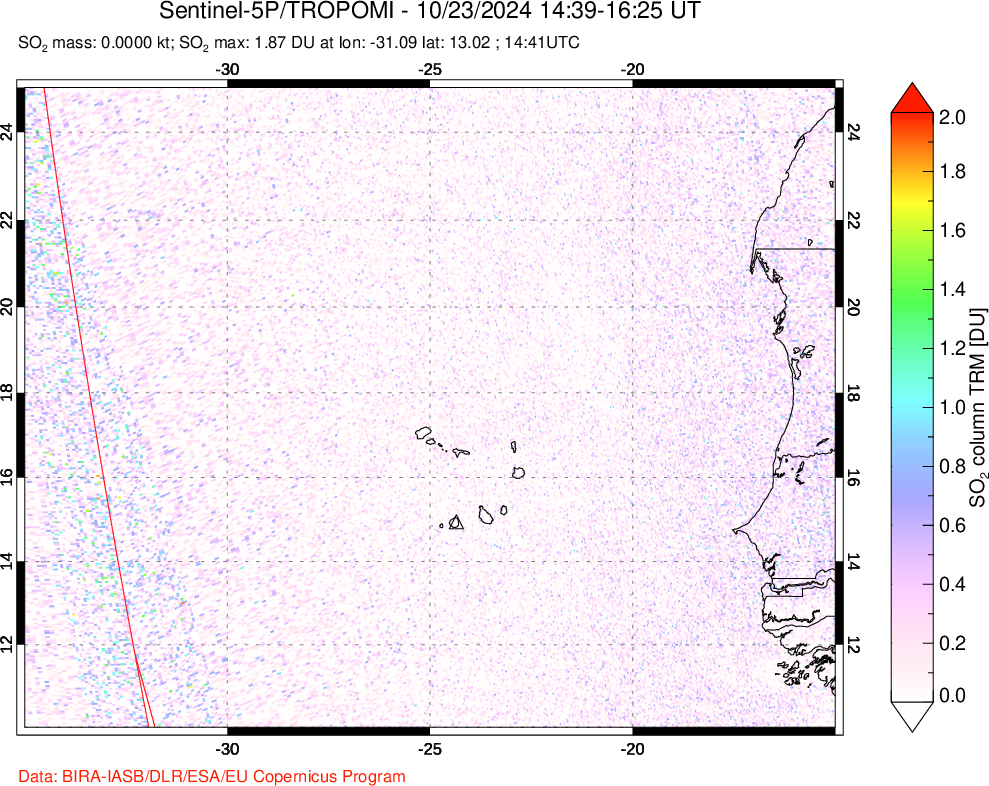 A sulfur dioxide image over Cape Verde Islands on Oct 23, 2024.