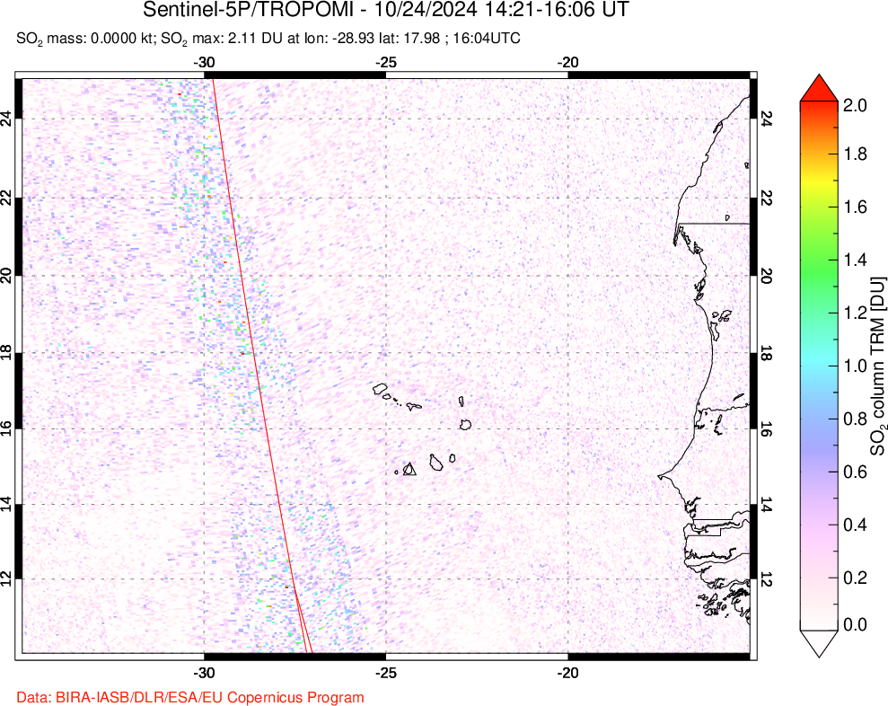 A sulfur dioxide image over Cape Verde Islands on Oct 24, 2024.