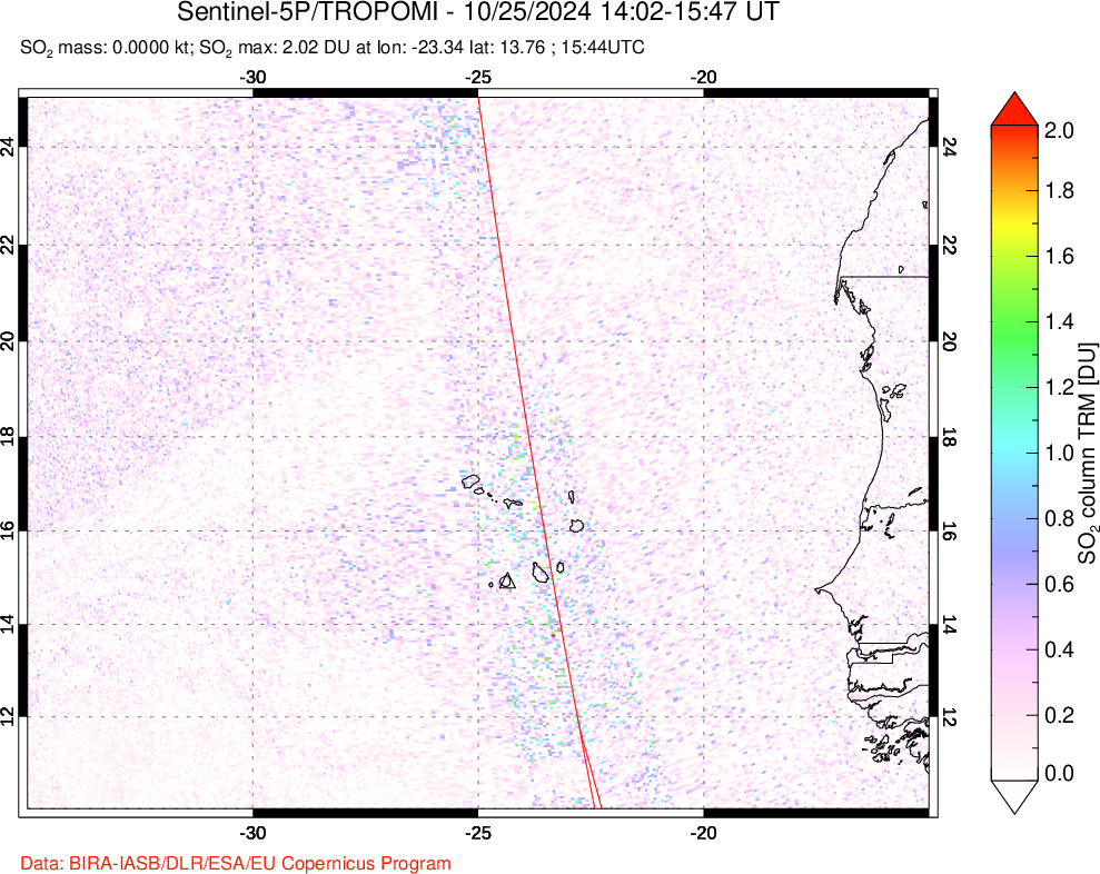 A sulfur dioxide image over Cape Verde Islands on Oct 25, 2024.