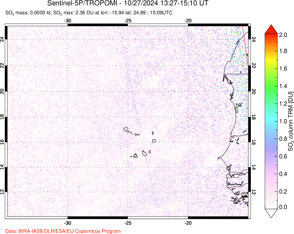 A sulfur dioxide image over Cape Verde Islands on Oct 27, 2024.