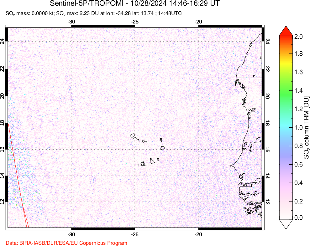 A sulfur dioxide image over Cape Verde Islands on Oct 28, 2024.