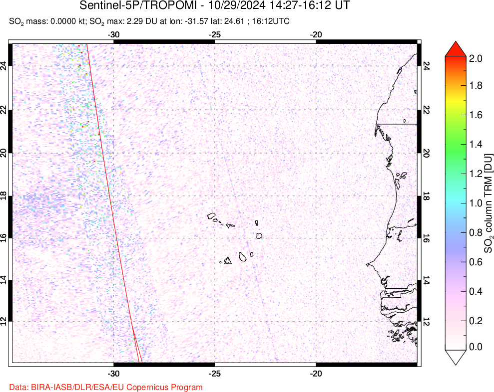 A sulfur dioxide image over Cape Verde Islands on Oct 29, 2024.