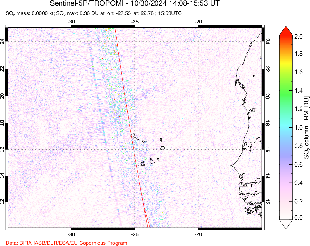 A sulfur dioxide image over Cape Verde Islands on Oct 30, 2024.