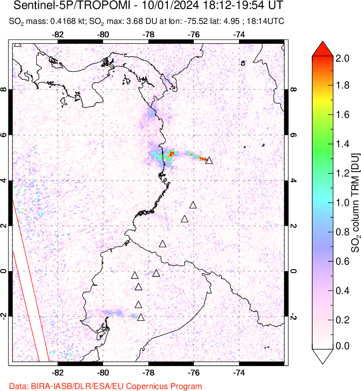 A sulfur dioxide image over Ecuador on Oct 01, 2024.