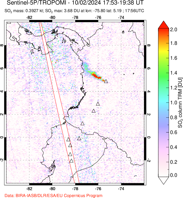 A sulfur dioxide image over Ecuador on Oct 02, 2024.