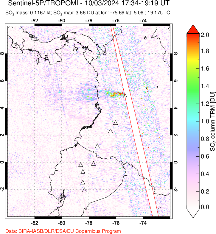 A sulfur dioxide image over Ecuador on Oct 03, 2024.