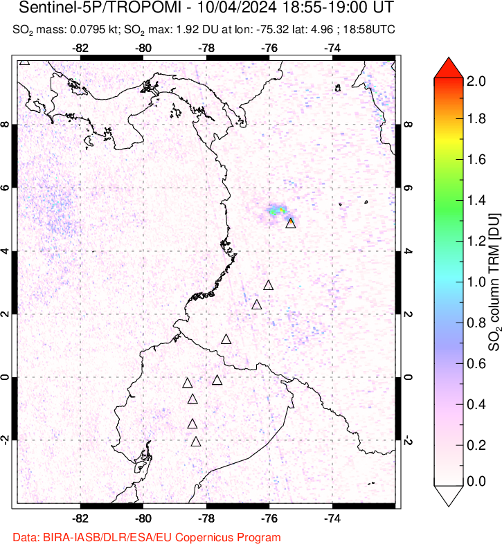 A sulfur dioxide image over Ecuador on Oct 04, 2024.