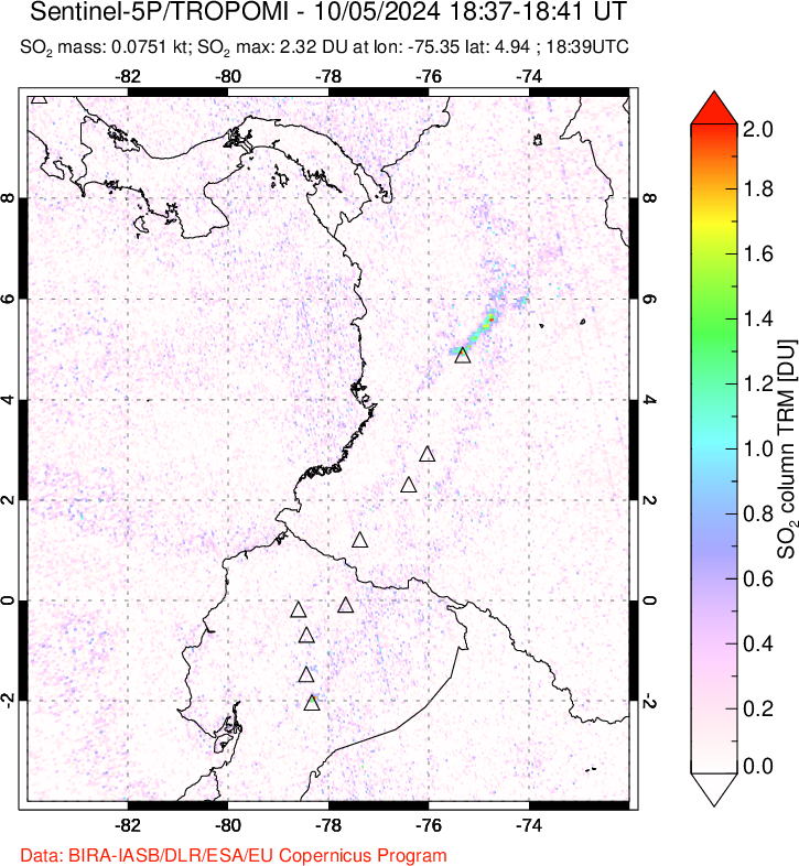 A sulfur dioxide image over Ecuador on Oct 05, 2024.