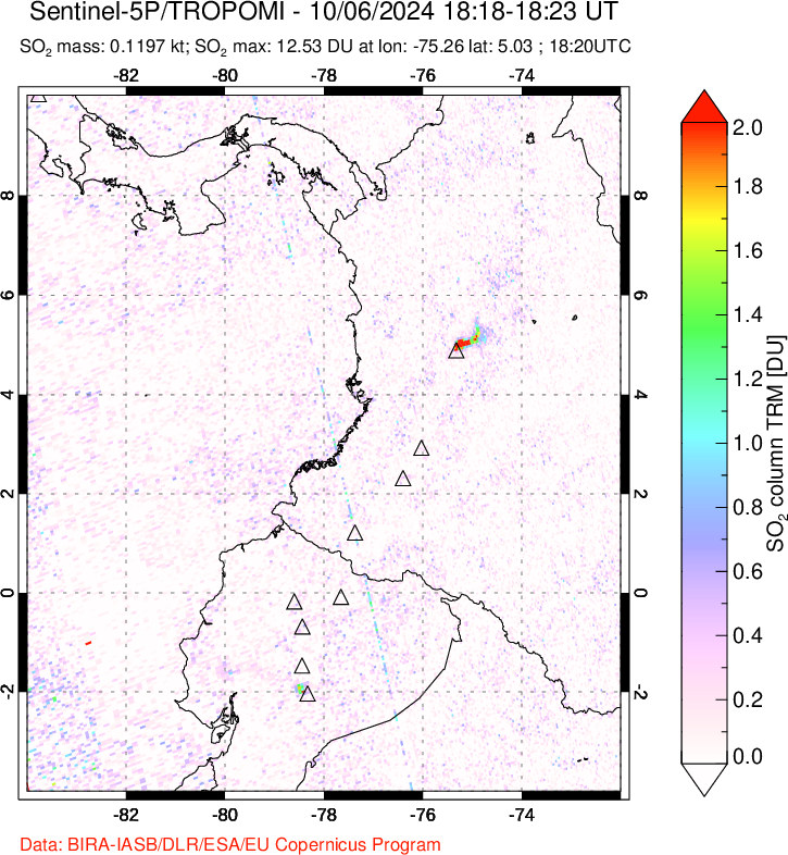 A sulfur dioxide image over Ecuador on Oct 06, 2024.