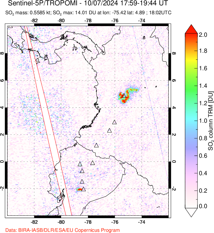 A sulfur dioxide image over Ecuador on Oct 07, 2024.