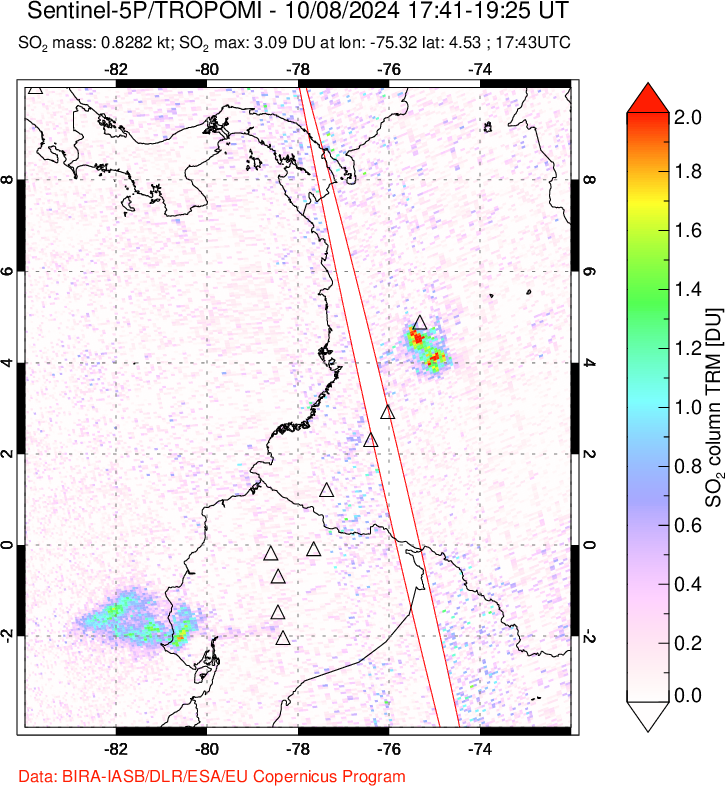 A sulfur dioxide image over Ecuador on Oct 08, 2024.