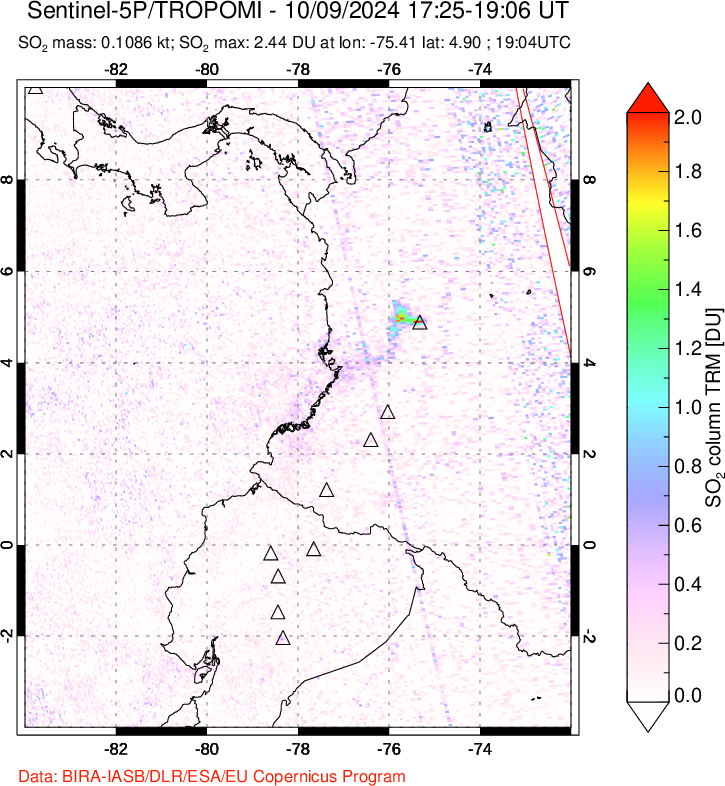 A sulfur dioxide image over Ecuador on Oct 09, 2024.