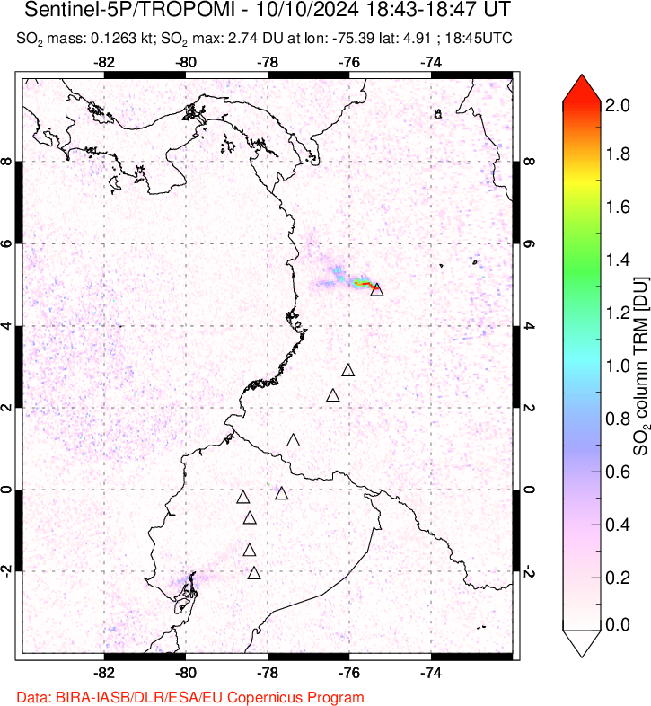 A sulfur dioxide image over Ecuador on Oct 10, 2024.