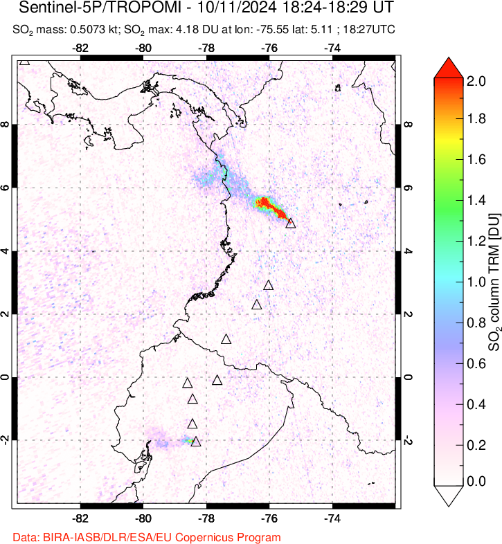 A sulfur dioxide image over Ecuador on Oct 11, 2024.