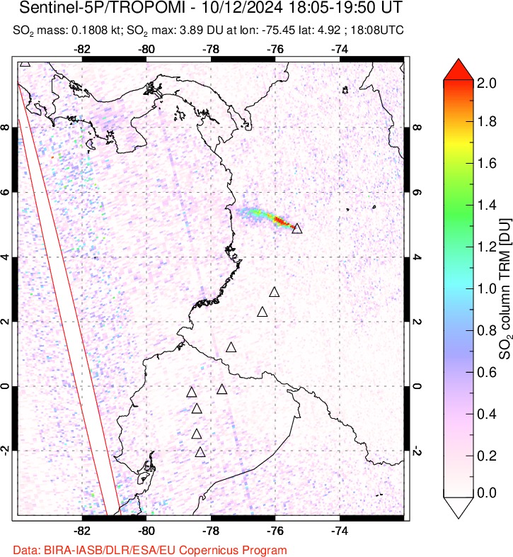 A sulfur dioxide image over Ecuador on Oct 12, 2024.