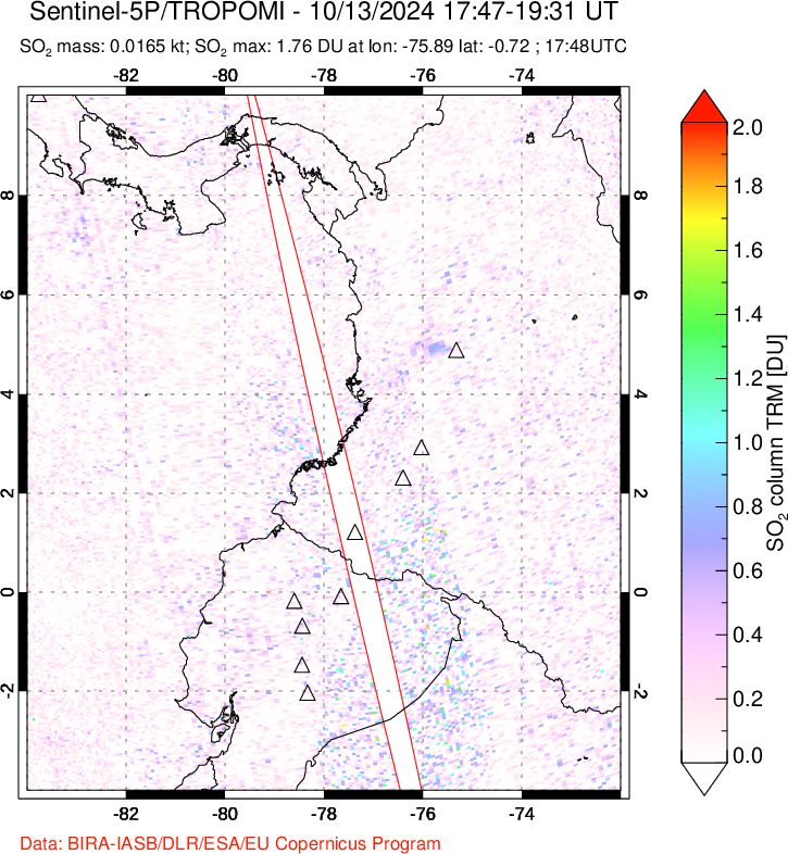 A sulfur dioxide image over Ecuador on Oct 13, 2024.