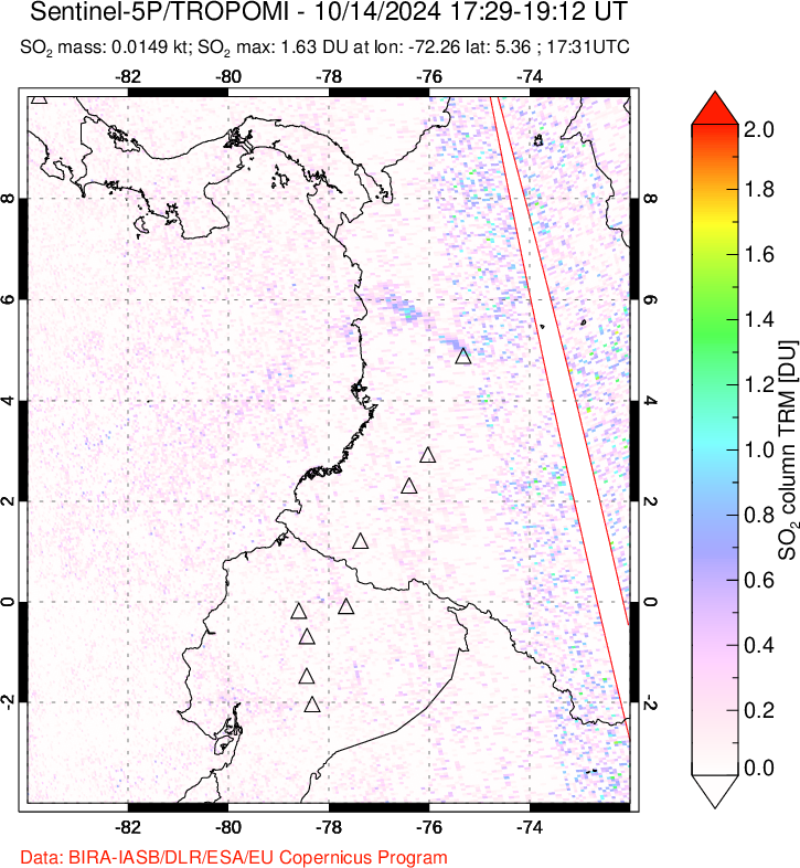 A sulfur dioxide image over Ecuador on Oct 14, 2024.