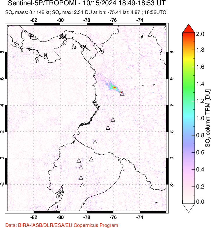 A sulfur dioxide image over Ecuador on Oct 15, 2024.