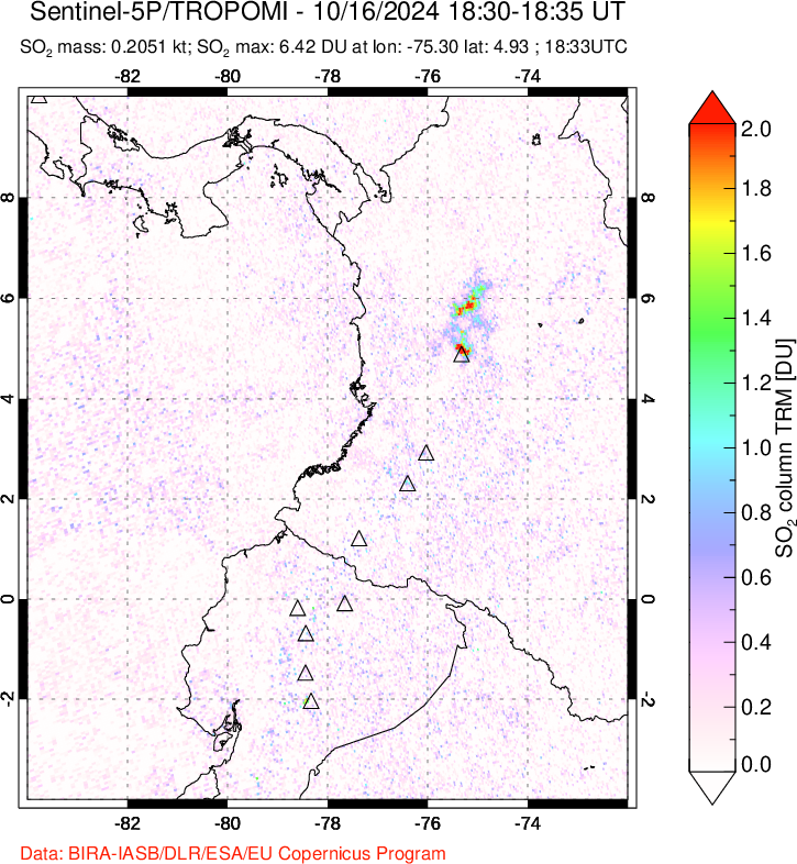 A sulfur dioxide image over Ecuador on Oct 16, 2024.