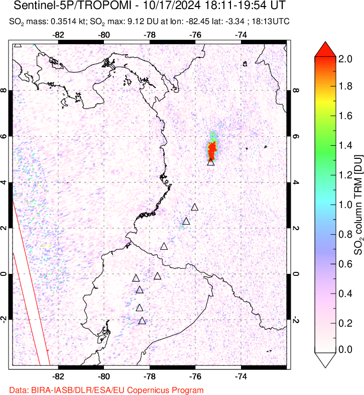 A sulfur dioxide image over Ecuador on Oct 17, 2024.