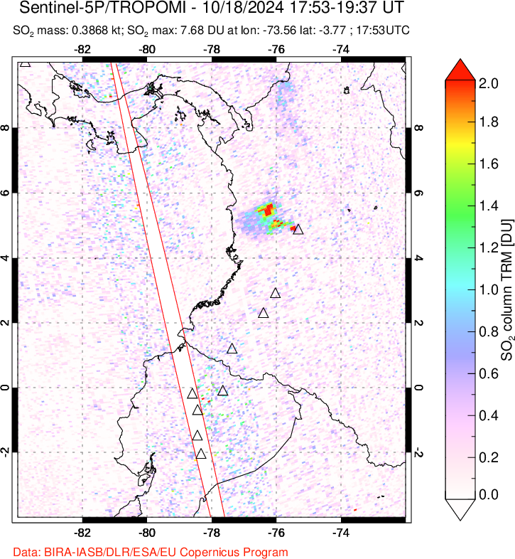 A sulfur dioxide image over Ecuador on Oct 18, 2024.