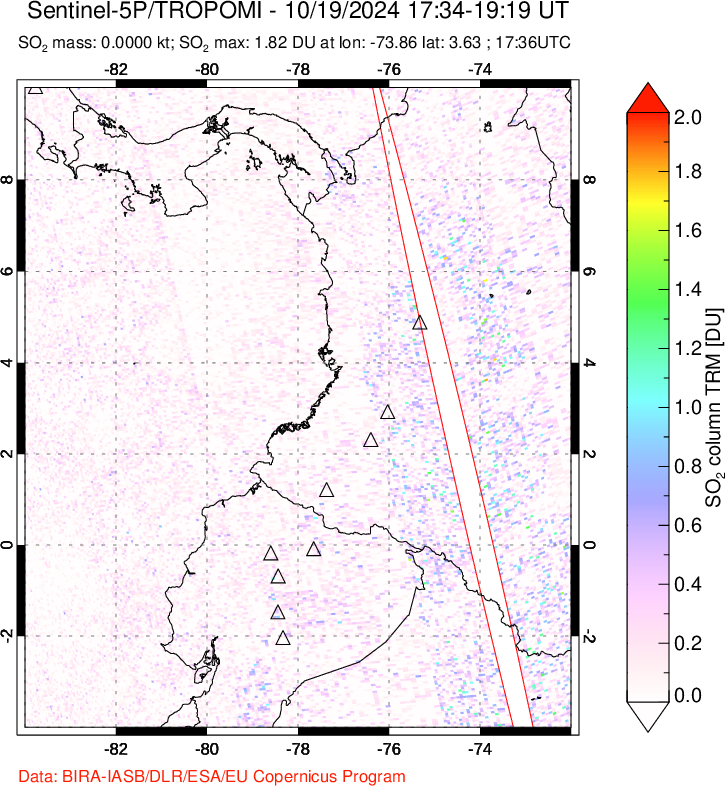 A sulfur dioxide image over Ecuador on Oct 19, 2024.