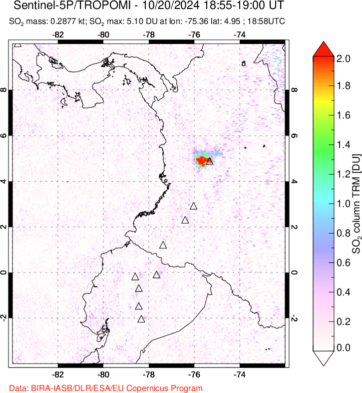 A sulfur dioxide image over Ecuador on Oct 20, 2024.