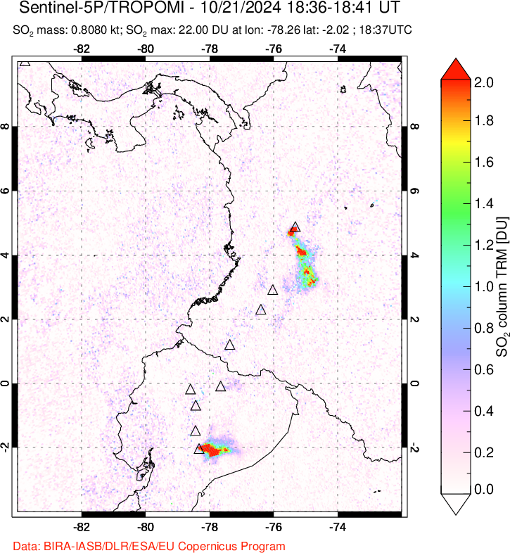 A sulfur dioxide image over Ecuador on Oct 21, 2024.