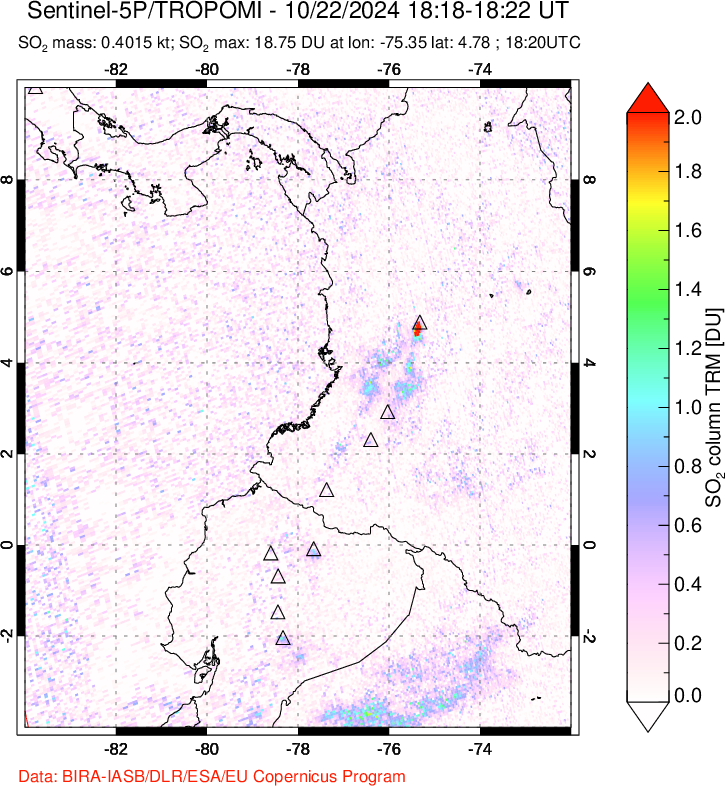 A sulfur dioxide image over Ecuador on Oct 22, 2024.