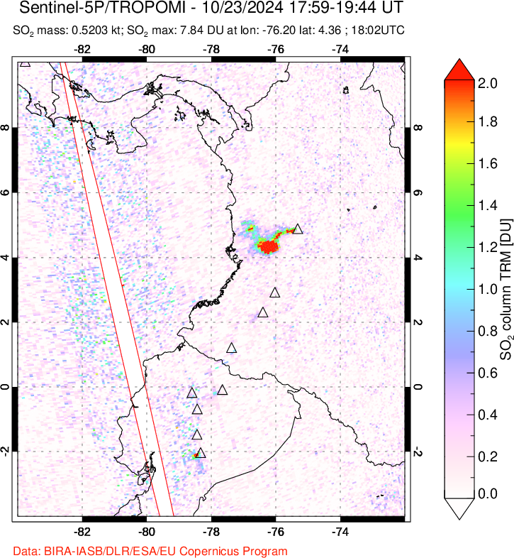 A sulfur dioxide image over Ecuador on Oct 23, 2024.