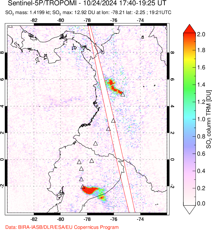 A sulfur dioxide image over Ecuador on Oct 24, 2024.