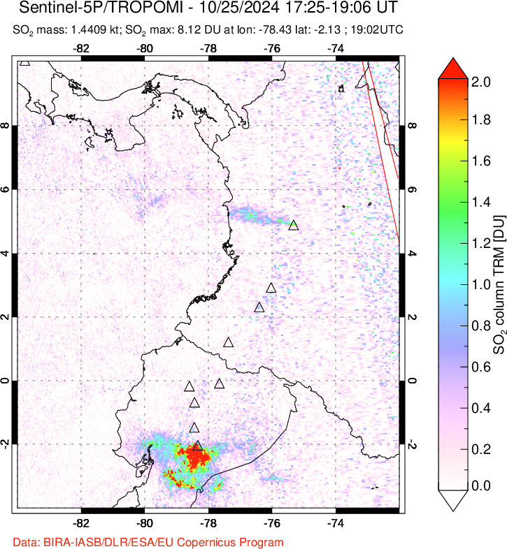 A sulfur dioxide image over Ecuador on Oct 25, 2024.