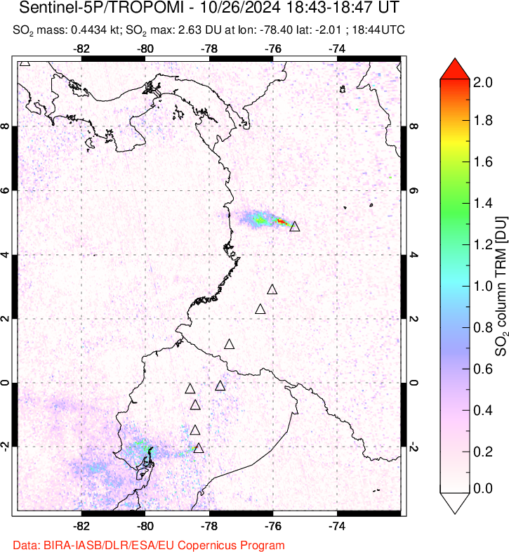 A sulfur dioxide image over Ecuador on Oct 26, 2024.