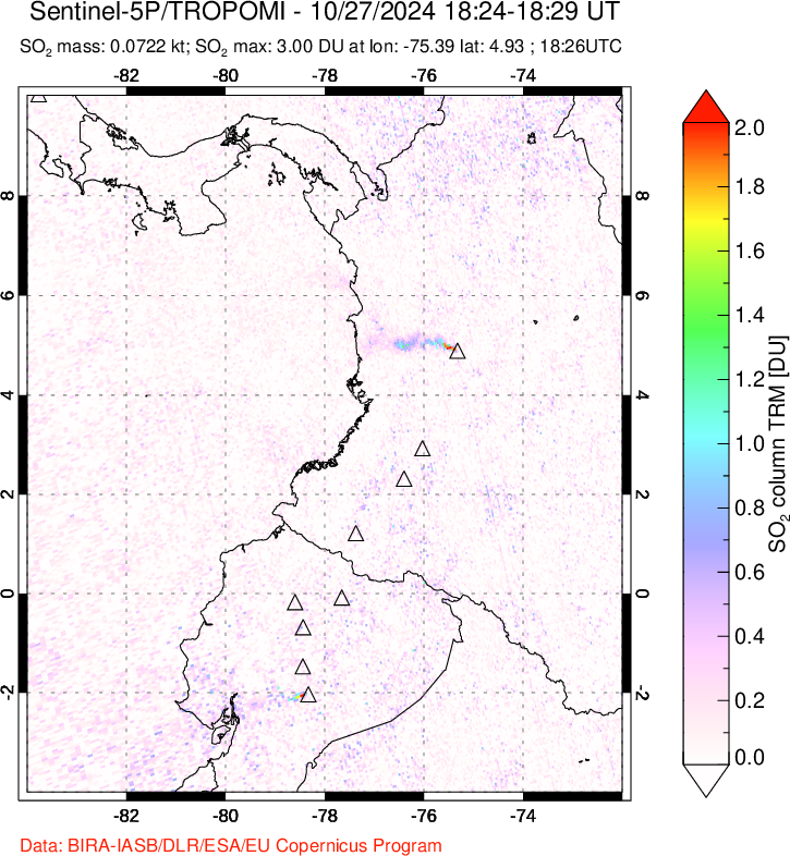 A sulfur dioxide image over Ecuador on Oct 27, 2024.