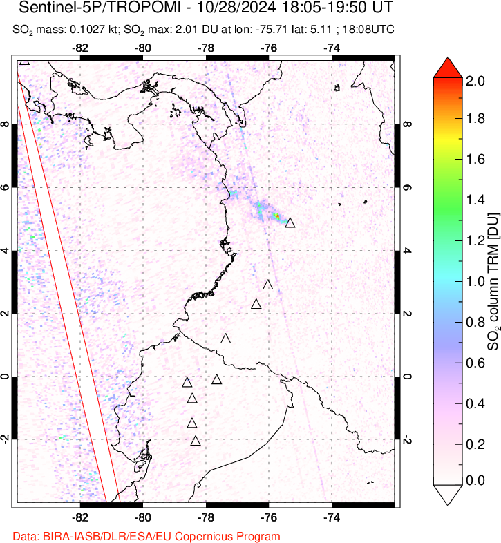 A sulfur dioxide image over Ecuador on Oct 28, 2024.