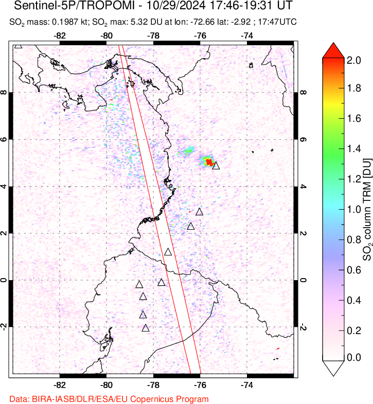 A sulfur dioxide image over Ecuador on Oct 29, 2024.