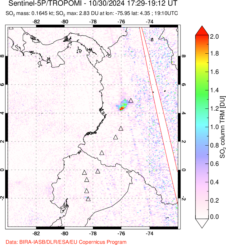 A sulfur dioxide image over Ecuador on Oct 30, 2024.