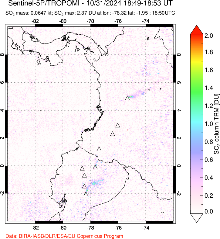 A sulfur dioxide image over Ecuador on Oct 31, 2024.