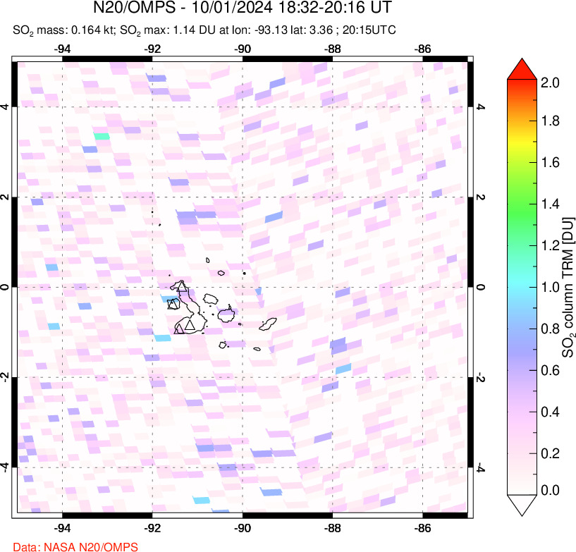 A sulfur dioxide image over Galápagos Islands on Oct 01, 2024.