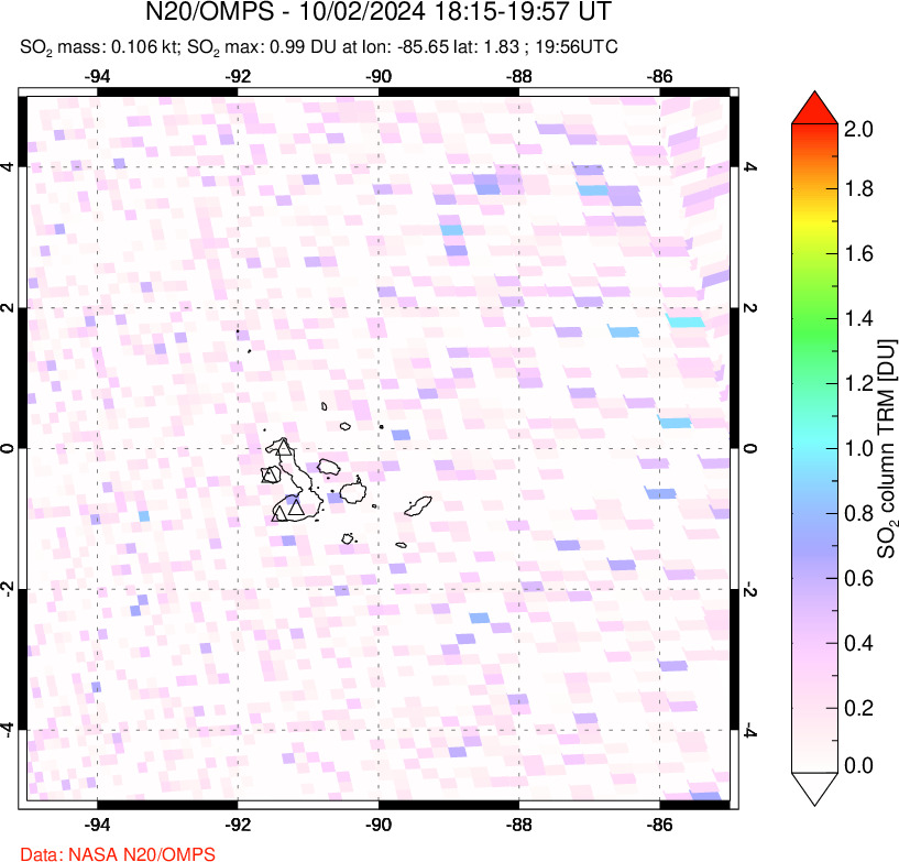 A sulfur dioxide image over Galápagos Islands on Oct 02, 2024.