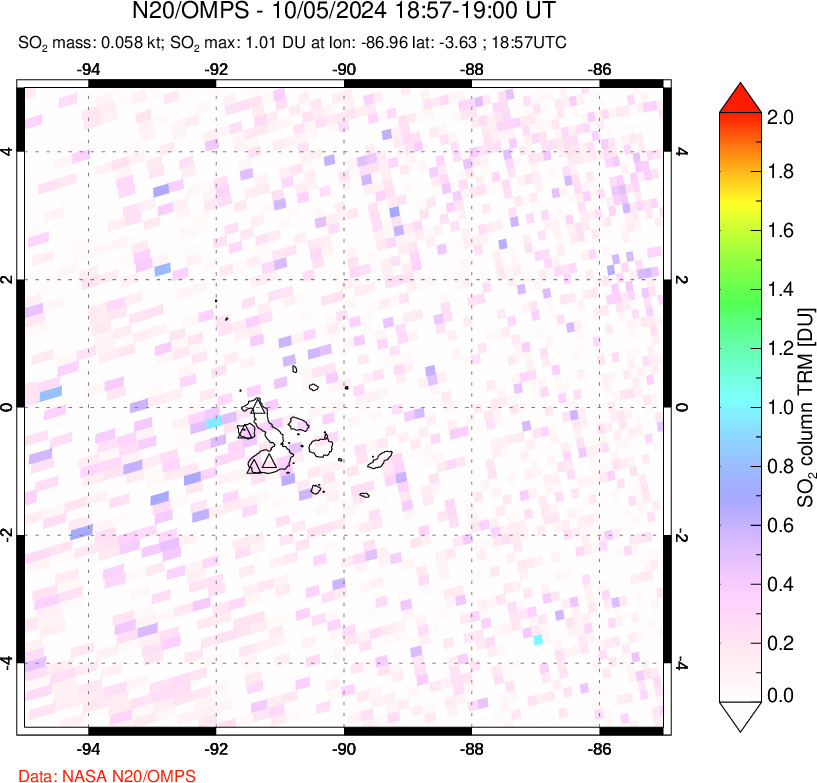 A sulfur dioxide image over Galápagos Islands on Oct 05, 2024.