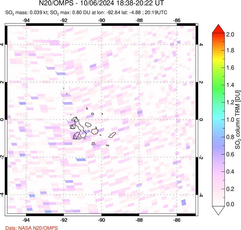 A sulfur dioxide image over Galápagos Islands on Oct 06, 2024.