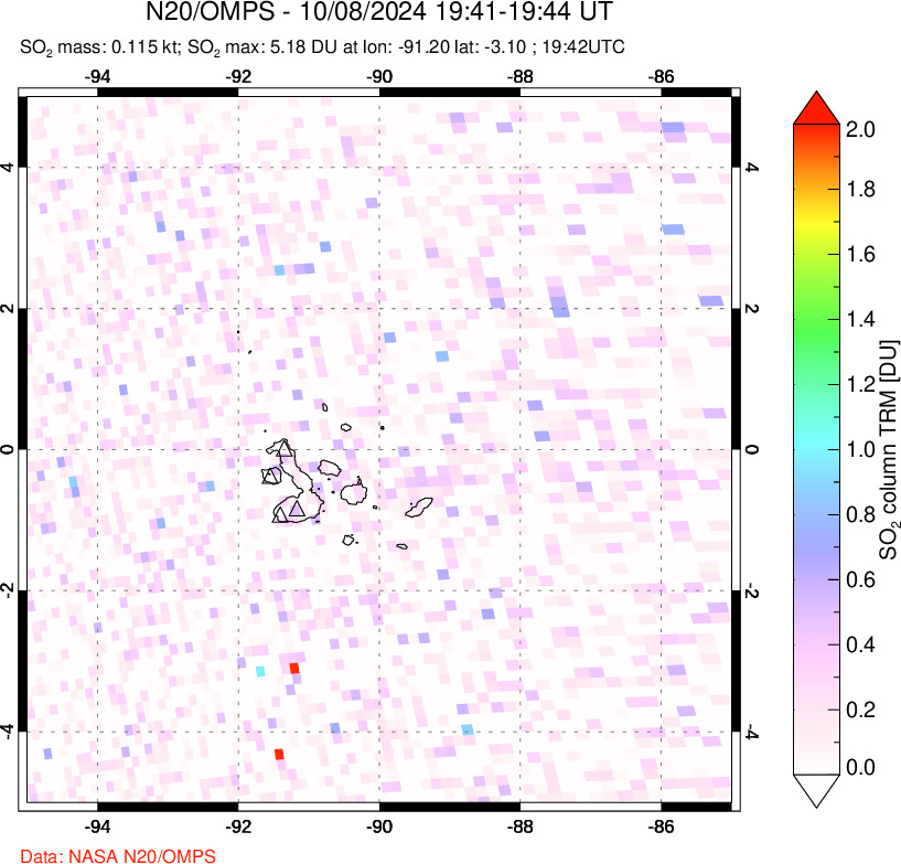 A sulfur dioxide image over Galápagos Islands on Oct 08, 2024.