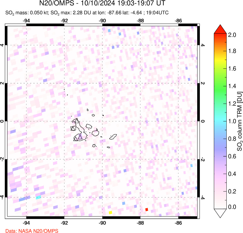 A sulfur dioxide image over Galápagos Islands on Oct 10, 2024.