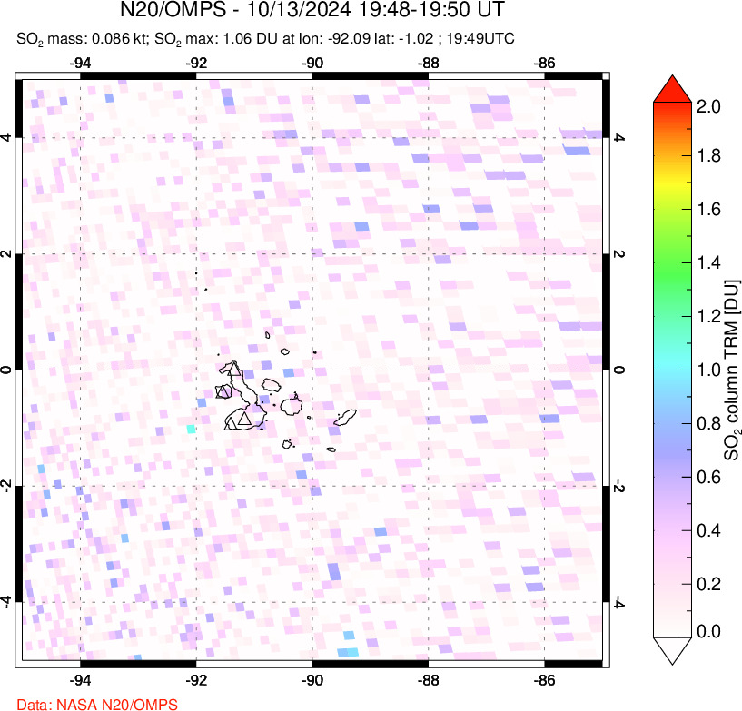 A sulfur dioxide image over Galápagos Islands on Oct 13, 2024.