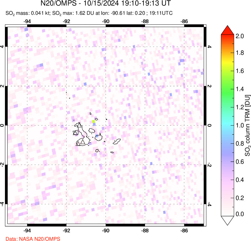 A sulfur dioxide image over Galápagos Islands on Oct 15, 2024.