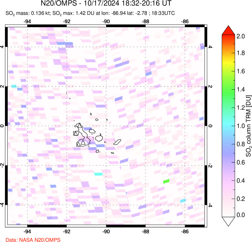 A sulfur dioxide image over Galápagos Islands on Oct 17, 2024.