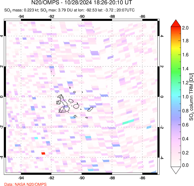 A sulfur dioxide image over Galápagos Islands on Oct 28, 2024.